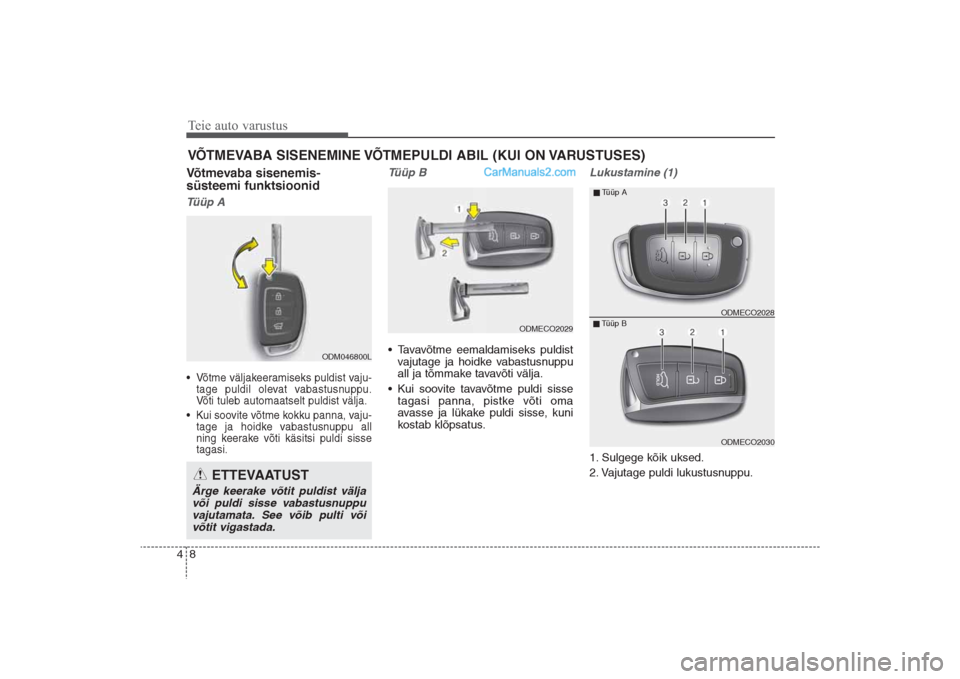Hyundai Santa Fe 2016  Omaniku Käsiraamat (in Estonian) Teie auto varustus8 4Võtmevaba sisenemis-
süsteemi funktsioonidTüüp A• Võtme väljakeeramiseks puldist vaju-
tage puldil olevat vabastusnuppu.
Võti tuleb automaatselt puldist välja.
• Kui s