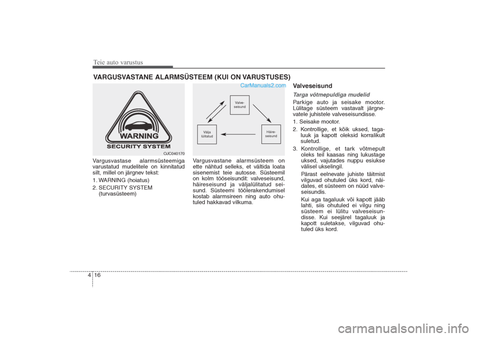 Hyundai Santa Fe 2016  Omaniku Käsiraamat (in Estonian) Teie auto varustus16 4Vargusvastase alarmsüsteemiga
varustatud mudelitele on kinnitatud
silt, millel on järgnev tekst:
1. WARNING (hoiatus)
2. SECURITY SYSTEM 
(turvasüsteem)Vargusvastane alarmsüs