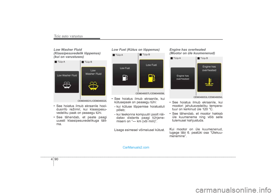 Hyundai Santa Fe 2016  Omaniku Käsiraamat (in Estonian) Teie auto varustus90 4Low Washer Fluid
(Klaasipesuvedelik lõppemas)
(kui on varustuses)• See hoiatus ilmub ekraanile hool­
dusinfo režiimil, kui klaasipesu­
vedeliku p
aak on peaaegu tühi.
• 