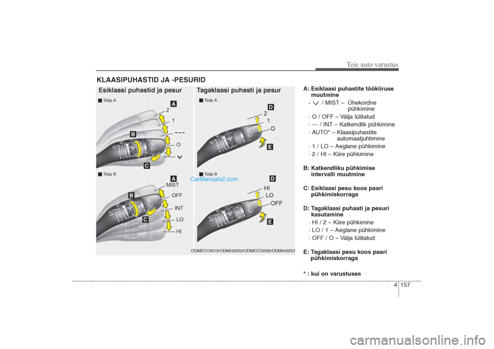 Hyundai Santa Fe 2016  Omaniku Käsiraamat (in Estonian) 4 157
Teie auto varustus
A: Esiklaasi puhastite töökiiruse
muutmine
· / MIST –  Ühekordne
pühkimine
· O / OFF – Välja lülitatud
· --- / INT – Katkendlik pühkimine 
· AUTO* – Klaasip