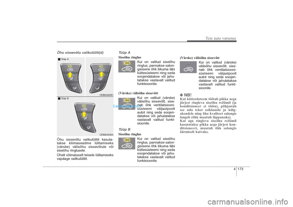 Hyundai Santa Fe 2016  Omaniku Käsiraamat (in Estonian) 4 173
Teie auto varustus
Õhu sissevõtu valikulüliti(d) Õhu sissevõtu valikulülitit kasuta-
takse kliimaseadme lülitamiseks
(värske) välisõhu sissevõtule või
siseõhu ringlusele.
Ühelt võ