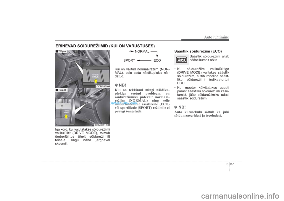 Hyundai Santa Fe 2016  Omaniku Käsiraamat (in Estonian) 537
Auto juhtimine
Iga kord, kui vajutatakse sõidurežiimi
valikulülitit (DRIVE MODE), toimub
ümberlülitus ühelt sõidurežiimilt
teisele, nagu näha järgneval
skeemil: Kui on valitud normaalre