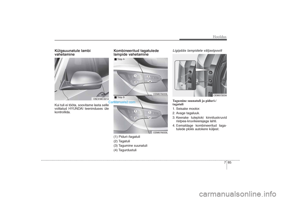 Hyundai Santa Fe 2016  Omaniku Käsiraamat (in Estonian) 785
Hooldus
Külgsuunatule lambi 
vahetamine Kui tuli ei tööta, soovitame lasta selle
volitatud HYUNDAI teeninduses üle
kontrollida.
Kombineeritud tagatulede
lampide vahetamine(1) Piduri-/tagatuli
