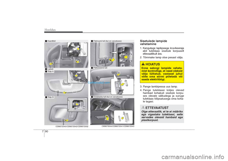 Hyundai Santa Fe 2016  Omaniku Käsiraamat (in Estonian) Hooldus90 7
Sisetulede lampide 
vahetamine1. Kangutage lapikpeaga kruvikeeraja
abil tuleklaas sisetule korpuselt
ettevaatlikult ära.  
2. Tõmmake lamp otse pesast välja.
3. Pange lambipessa uus lam
