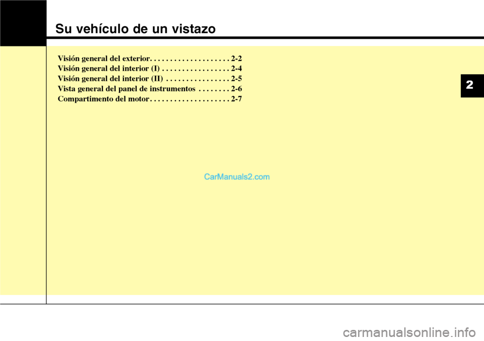 Hyundai Santa Fe 2016 Manual del propietario (in Spanish) Su vehículo de un vistazo
Visión general del exterior. . . . . . . . . . . . . . . . . . . . 2-2
Visión general del interior (I) . . . . . . . . . . . . . . . . . 2-4
Visión general del interior ( Hyundai Santa Fe 2016 Manual del propietario (in Spanish) Su vehículo de un vistazo
Visión general del exterior. . . . . . . . . . . . . . . . . . . . 2-2
Visión general del interior (I) . . . . . . . . . . . . . . . . . 2-4
Visión general del interior (