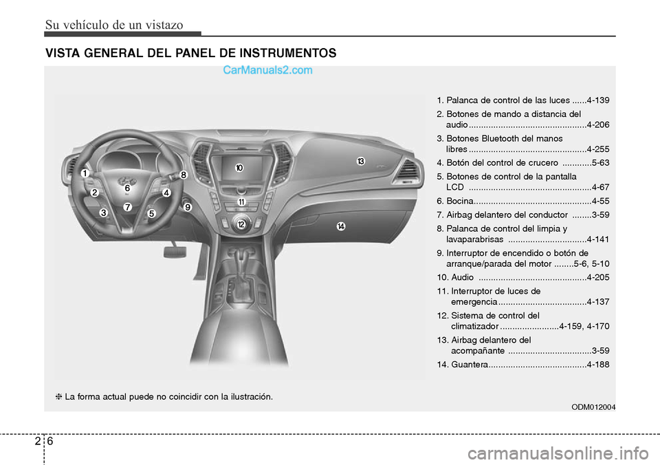 Hyundai Santa Fe 2016 Manual del propietario (in Spanish) Su vehículo de un vistazo
6 2
VISTA GENERAL DEL PANEL DE INSTRUMENTOS
1. Palanca de control de las luces ......4-139
2. Botones de mando a distancia del
audio ....................................... Hyundai Santa Fe 2016 Manual del propietario (in Spanish) Su vehículo de un vistazo
6 2
VISTA GENERAL DEL PANEL DE INSTRUMENTOS
1. Palanca de control de las luces ......4-139
2. Botones de mando a distancia del
audio .......................................