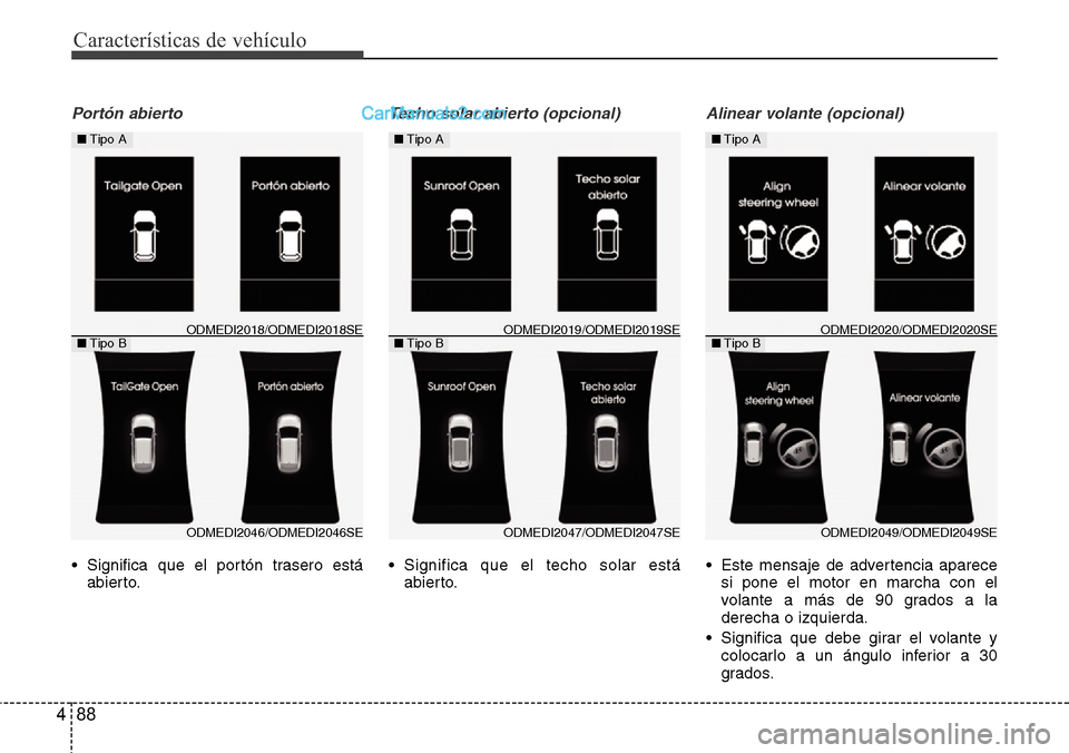 Hyundai Santa Fe 2016  Manual del propietario (in Spanish) Características de vehículo
88 4
Portón abierto 
• Significa que el portón trasero está
abierto.
Techo solar abierto (opcional)
• Significa que el techo solar está
abierto.
Alinear volante (
