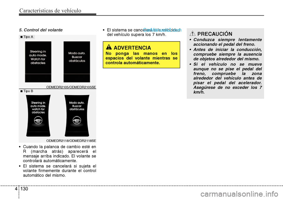 Hyundai Santa Fe 2016  Manual del propietario (in Spanish) Características de vehículo
130 4
5. Control del volante
• Cuando la palanca de cambio esté en
R (marcha atrás) aparecerá el
mensaje arriba indicado. El volante se
controlará automáticamente.