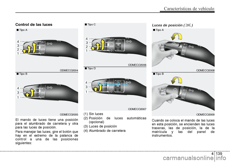 Hyundai Santa Fe 2016  Manual del propietario (in Spanish) 4 139
Características de vehículo
Control de las luces
El mando de luces tiene una posición
para el alumbrado de carretera y otra
para las luces de posición.
Para manejar las luces, gire el botón