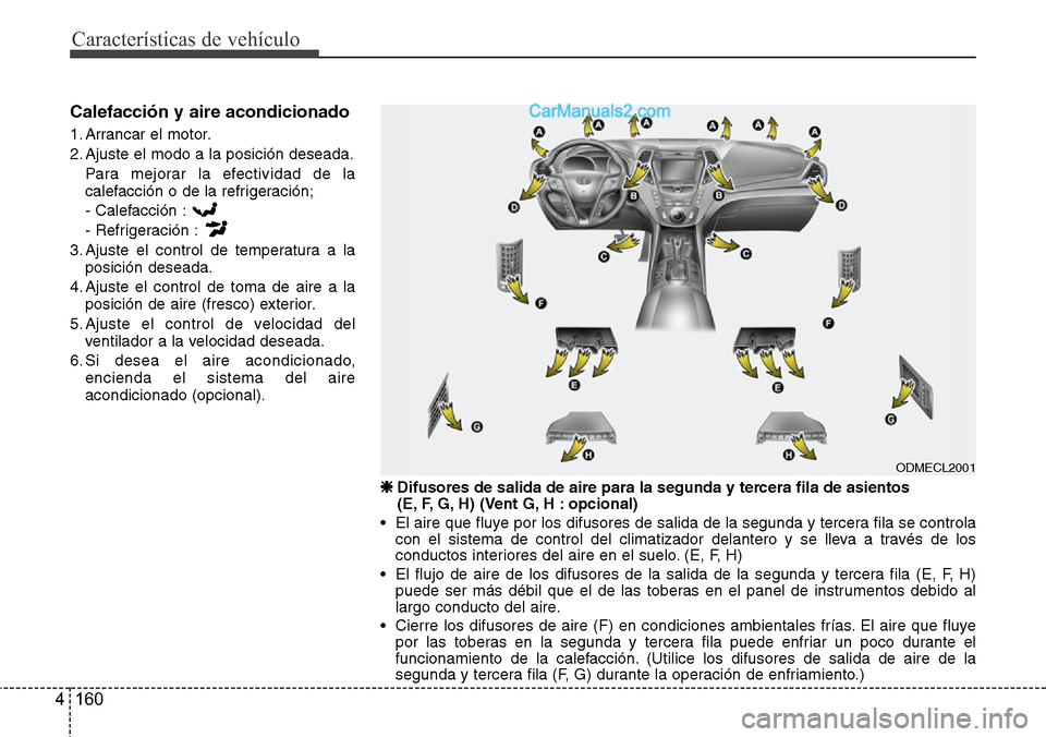 Hyundai Santa Fe 2016 Manual del propietario (in Spanish) Características de vehículo
160 4
Calefacción y aire acondicionado
1. Arrancar el motor.
2. Ajuste el modo a la posición deseada.
Para mejorar la efectividad de la
calefacción o de la refrigeraci Hyundai Santa Fe 2016 Manual del propietario (in Spanish) Características de vehículo
160 4
Calefacción y aire acondicionado
1. Arrancar el motor.
2. Ajuste el modo a la posición deseada.
Para mejorar la efectividad de la
calefacción o de la refrigeraci