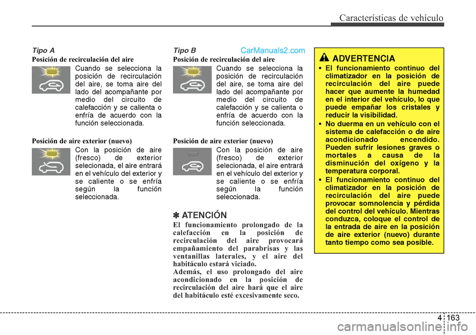 Hyundai Santa Fe 2016 Manual del propietario (in Spanish) 4 163
Características de vehículo
Tipo A
Posición de recirculación del aire
Cuando se selecciona la
posición de recirculación
del aire, se toma aire del
lado del acompañante por
medio del circu Hyundai Santa Fe 2016 Manual del propietario (in Spanish) 4 163
Características de vehículo
Tipo A
Posición de recirculación del aire
Cuando se selecciona la
posición de recirculación
del aire, se toma aire del
lado del acompañante por
medio del circu