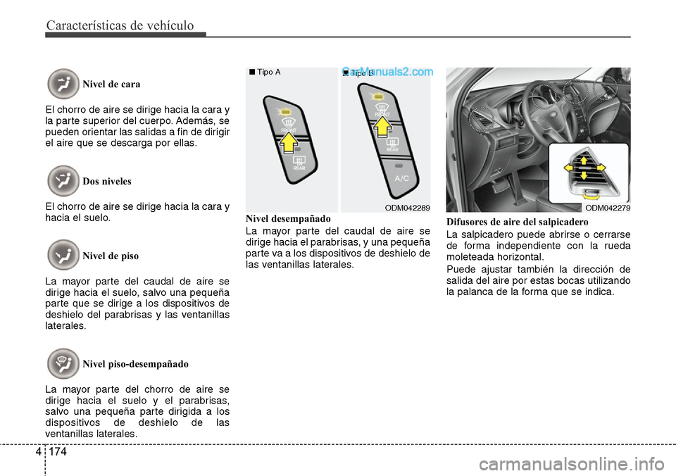 Hyundai Santa Fe 2016 Manual del propietario (in Spanish) Características de vehículo
174 4
Nivel de cara
El chorro de aire se dirige hacia la cara y
la parte superior del cuerpo. Además, se
pueden orientar las salidas a fin de dirigir
el aire que se desc Hyundai Santa Fe 2016 Manual del propietario (in Spanish) Características de vehículo
174 4
Nivel de cara
El chorro de aire se dirige hacia la cara y
la parte superior del cuerpo. Además, se
pueden orientar las salidas a fin de dirigir
el aire que se desc