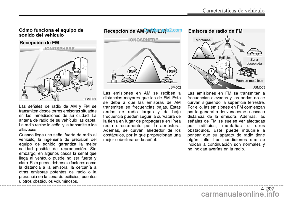 Hyundai Santa Fe 2016 Manual del propietario (in Spanish) 4207
Características de vehículo
Cómo funciona el equipo de
sonido del vehículo
Las señales de radio de AM y FM se
transmiten desde torres emisoras situadas
en las inmediaciones de su ciudad. La
Hyundai Santa Fe 2016 Manual del propietario (in Spanish) 4207
Características de vehículo
Cómo funciona el equipo de
sonido del vehículo
Las señales de radio de AM y FM se
transmiten desde torres emisoras situadas
en las inmediaciones de su ciudad. La
