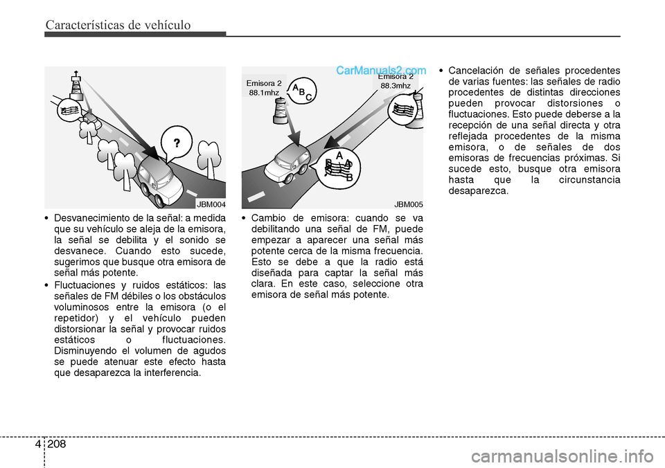 Hyundai Santa Fe 2016  Manual del propietario (in Spanish) Características de vehículo
208 4
• Desvanecimiento de la señal: a medida
que su vehículo se aleja de la emisora,
la señal se debilita y el sonido se
desvanece. Cuando esto sucede,
sugerimos qu