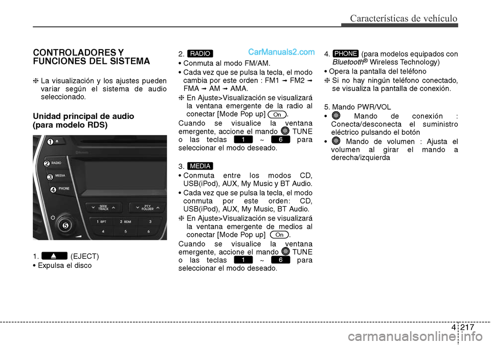 Hyundai Santa Fe 2016 Manual del propietario (in Spanish) 4217
Características de vehículo
CONTROLADORES Y
FUNCIONES DEL SISTEMA
❈ La visualización y los ajustes pueden
variar según el sistema de audio
seleccionado.
Unidad principal de audio
(para mod Hyundai Santa Fe 2016 Manual del propietario (in Spanish) 4217
Características de vehículo
CONTROLADORES Y
FUNCIONES DEL SISTEMA
❈ La visualización y los ajustes pueden
variar según el sistema de audio
seleccionado.
Unidad principal de audio
(para mod