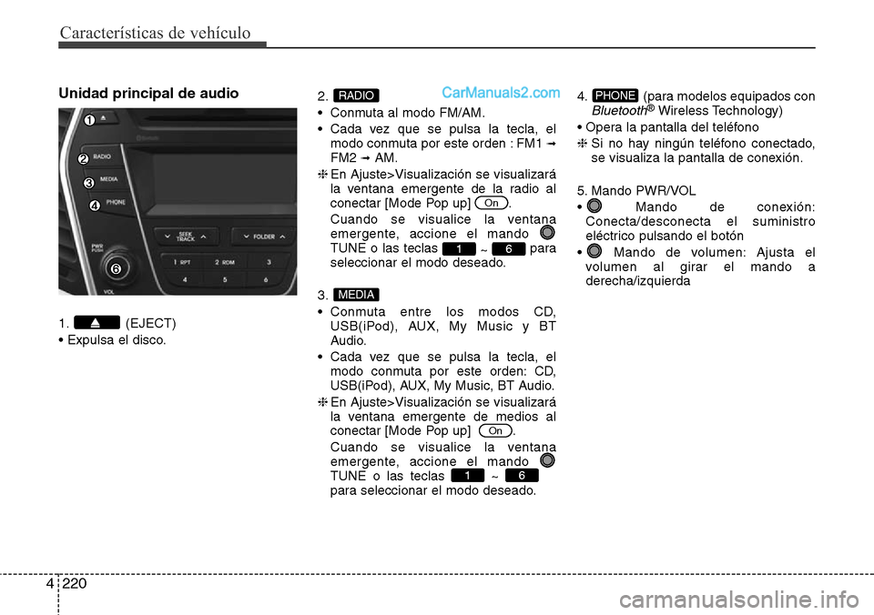 Hyundai Santa Fe 2016 Manual del propietario (in Spanish) Características de vehículo
220 4
Unidad principal de audio
1. (EJECT)
• Expulsa el disco.2.
• Conmuta al modo FM/AM.
• Cada vez que se pulsa la tecla, el
modo conmuta por este orden : FM1
Hyundai Santa Fe 2016 Manual del propietario (in Spanish) Características de vehículo
220 4
Unidad principal de audio
1. (EJECT)
• Expulsa el disco.2.
• Conmuta al modo FM/AM.
• Cada vez que se pulsa la tecla, el
modo conmuta por este orden : FM1
