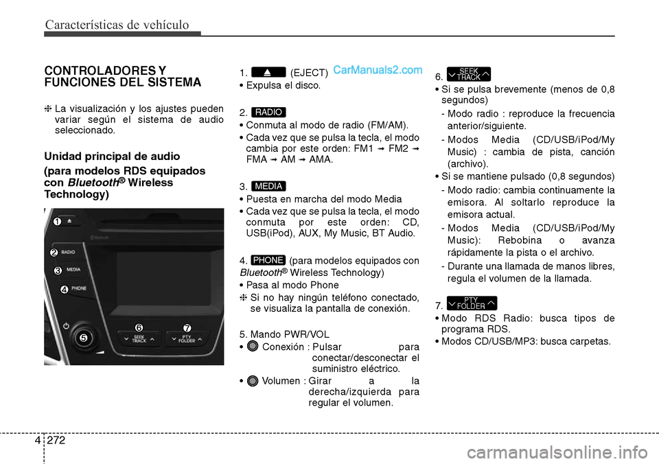 Hyundai Santa Fe 2016 Manual del propietario (in Spanish) Características de vehículo
272 4
CONTROLADORES Y
FUNCIONES DEL SISTEMA
❈ La visualización y los ajustes pueden
variar según el sistema de audio
seleccionado.
Unidad principal de audio
(para mo Hyundai Santa Fe 2016 Manual del propietario (in Spanish) Características de vehículo
272 4
CONTROLADORES Y
FUNCIONES DEL SISTEMA
❈ La visualización y los ajustes pueden
variar según el sistema de audio
seleccionado.
Unidad principal de audio
(para mo