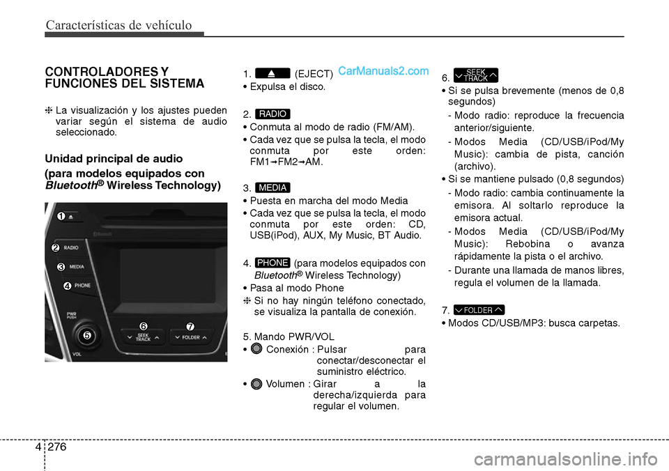 Hyundai Santa Fe 2016 Manual del propietario (in Spanish) Características de vehículo
276 4
CONTROLADORES Y
FUNCIONES DEL SISTEMA
❈ La visualización y los ajustes pueden
variar según el sistema de audio
seleccionado.
Unidad principal de audio
(para mo Hyundai Santa Fe 2016 Manual del propietario (in Spanish) Características de vehículo
276 4
CONTROLADORES Y
FUNCIONES DEL SISTEMA
❈ La visualización y los ajustes pueden
variar según el sistema de audio
seleccionado.
Unidad principal de audio
(para mo