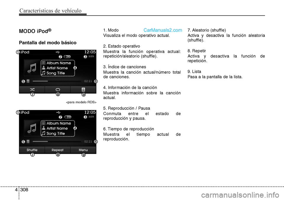 Hyundai Santa Fe 2016  Manual del propietario (in Spanish) Características de vehículo
308 4
MODO iPod®
Pantalla del modo básico
<para modelo RDS>
1. Modo
Visualiza el modo operativo actual.
2. Estado operativo
Muestra la función operativa actual:
repeti