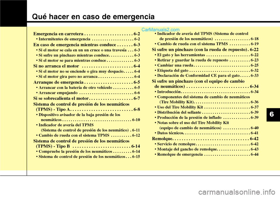 Hyundai Santa Fe 2016  Manual del propietario (in Spanish) Qué hacer en caso de emergencia
Emergencia en carretera . . . . . . . . . . . . . . . . . . . . . 6-2
• Intermitentes de emergencia . . . . . . . . . . . . . . . . . . . . 6-2
En caso de emergencia