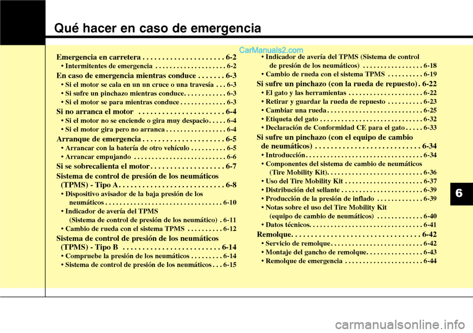 Hyundai Santa Fe 2016 Manual del propietario (in Spanish) Qué hacer en caso de emergencia
Emergencia en carretera . . . . . . . . . . . . . . . . . . . . . 6-2
• Intermitentes de emergencia . . . . . . . . . . . . . . . . . . . . 6-2
En caso de emergencia Hyundai Santa Fe 2016 Manual del propietario (in Spanish) Qué hacer en caso de emergencia
Emergencia en carretera . . . . . . . . . . . . . . . . . . . . . 6-2
• Intermitentes de emergencia . . . . . . . . . . . . . . . . . . . . 6-2
En caso de emergencia