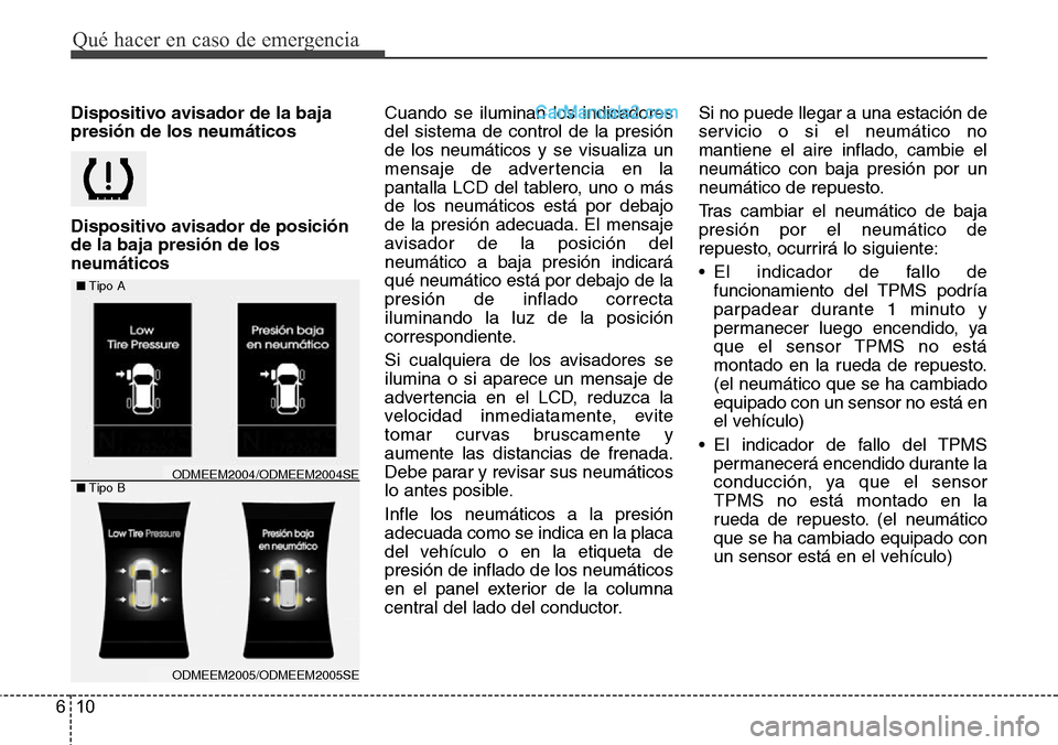 Hyundai Santa Fe 2016 Manual del propietario (in Spanish) Qué hacer en caso de emergencia
10 6
Dispositivo avisador de la baja
presión de los neumáticos
Dispositivo avisador de posición
de la baja presión de los
neumáticosCuando se iluminan los indicad Hyundai Santa Fe 2016 Manual del propietario (in Spanish) Qué hacer en caso de emergencia
10 6
Dispositivo avisador de la baja
presión de los neumáticos
Dispositivo avisador de posición
de la baja presión de los
neumáticosCuando se iluminan los indicad