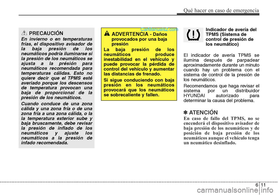 Hyundai Santa Fe 2016 Manual del propietario (in Spanish) 611
Qué hacer en caso de emergencia
Indicador de avería del
TPMS (Sistema de
control de presión de
los neumático)
El indicador de avería TPMS se
ilumina después de parpadear
aproximadamente dura Hyundai Santa Fe 2016 Manual del propietario (in Spanish) 611
Qué hacer en caso de emergencia
Indicador de avería del
TPMS (Sistema de
control de presión de
los neumático)
El indicador de avería TPMS se
ilumina después de parpadear
aproximadamente dura