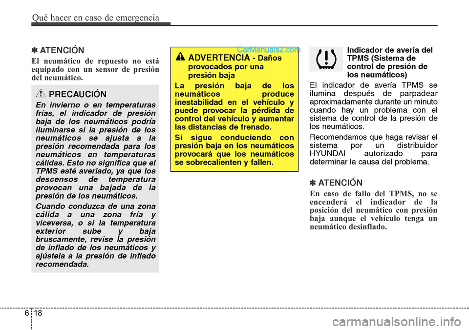 Hyundai Santa Fe 2016  Manual del propietario (in Spanish) Qué hacer en caso de emergencia
18 6
✽ATENCIÓN  
El neumático de repuesto no está
equipado con un sensor de presión
del neumático. 
Indicador de avería del
TPMS (Sistema de
control de presió