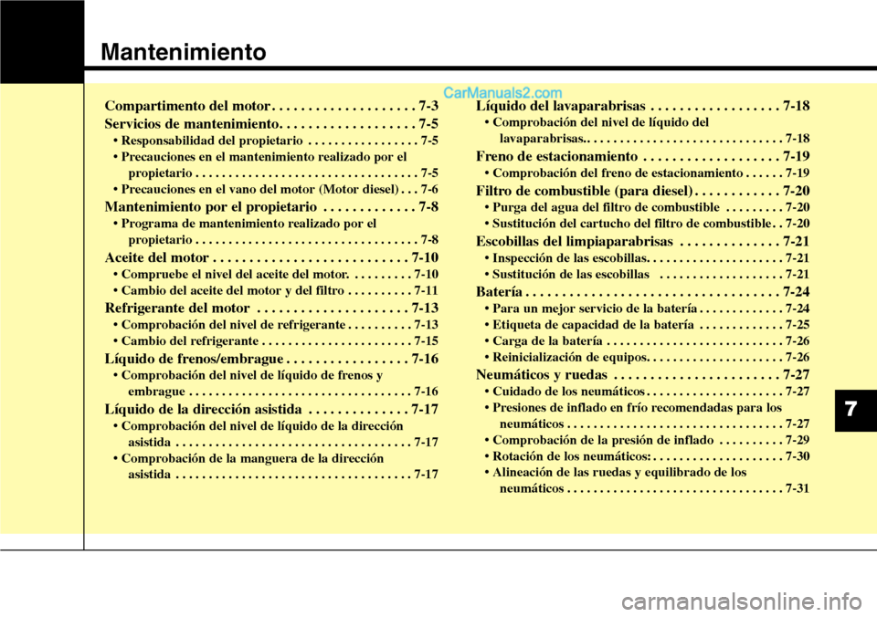 Hyundai Santa Fe 2016  Manual del propietario (in Spanish) Mantenimiento
7
Compartimento del motor . . . . . . . . . . . . . . . . . . . . 7-3
Servicios de mantenimiento. . . . . . . . . . . . . . . . . . . 7-5
• Responsabilidad del propietario . . . . . . 
