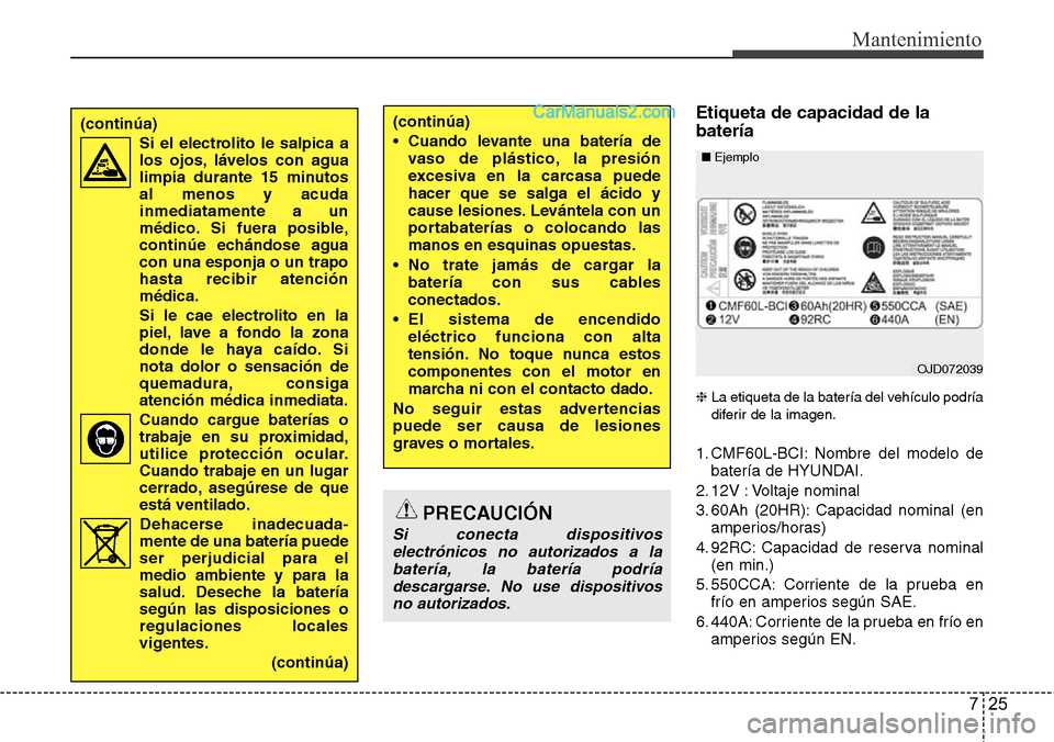 Hyundai Santa Fe 2016 Manual del propietario (in Spanish) 725
Mantenimiento
Etiqueta de capacidad de la
batería
❈La etiqueta de la batería del vehículo podría
diferir de la imagen.
1. CMF60L-BCI: Nombre del modelo de
batería de HYUNDAI.
2. 12V : Volta Hyundai Santa Fe 2016 Manual del propietario (in Spanish) 725
Mantenimiento
Etiqueta de capacidad de la
batería
❈La etiqueta de la batería del vehículo podría
diferir de la imagen.
1. CMF60L-BCI: Nombre del modelo de
batería de HYUNDAI.
2. 12V : Volta