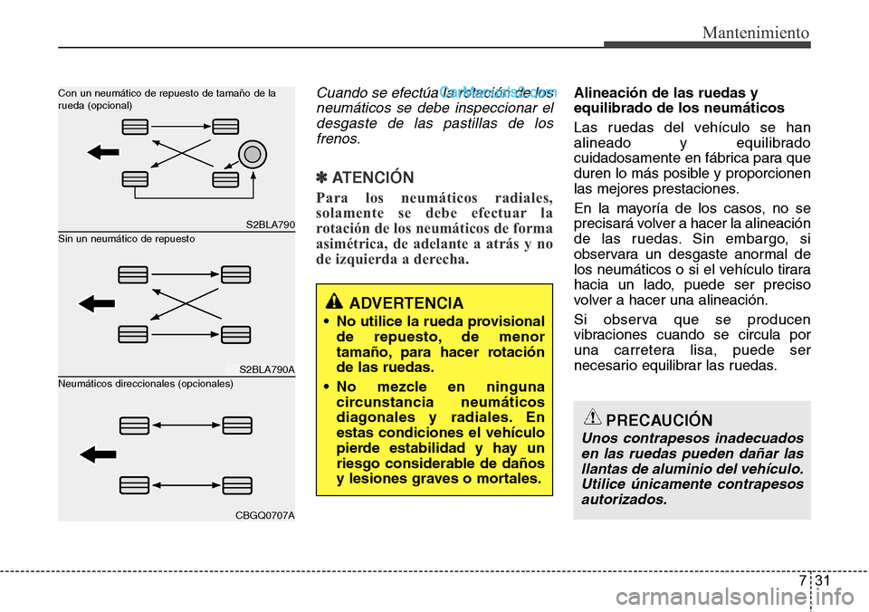 Hyundai Santa Fe 2016  Manual del propietario (in Spanish) 731
Mantenimiento
Cuando se efectúa la rotación de los
neumáticos se debe inspeccionar el
desgaste de las pastillas de los
frenos.
✽ ATENCIÓN
Para los neumáticos radiales,
solamente se debe efe