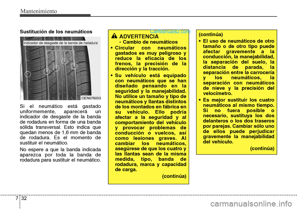 Hyundai Santa Fe 2016  Manual del propietario (in Spanish) Mantenimiento
32 7
Sustitución de los neumáticos
Si el neumático está gastado
uniformemente, aparecerá un
indicador de desgaste de la banda
de rodadura en forma de una banda
sólida transversal. 
