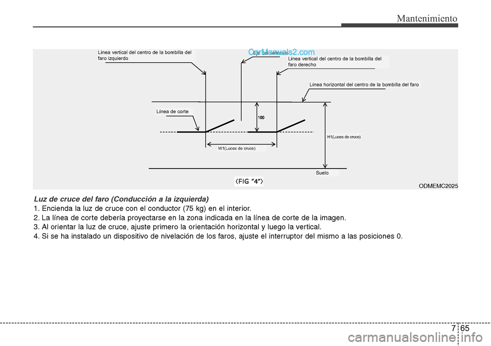 Hyundai Santa Fe 2016 Manual del propietario (in Spanish) 765
Mantenimiento
Luz de cruce del faro (Conducción a la izquierda)
1. Encienda la luz de cruce con el conductor (75 kg) en el interior.
2. La línea de corte debería proyectarse en la zona indicada Hyundai Santa Fe 2016 Manual del propietario (in Spanish) 765
Mantenimiento
Luz de cruce del faro (Conducción a la izquierda)
1. Encienda la luz de cruce con el conductor (75 kg) en el interior.
2. La línea de corte debería proyectarse en la zona indicada