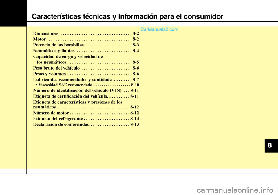 Hyundai Santa Fe 2016 Manual del propietario (in Spanish) Características técnicas y Información para el consumidor
Dimensiones . . . . . . . . . . . . . . . . . . . . . . . . . . . . . . . 8-2
Motor . . . . . . . . . . . . . . . . . . . . . . . . . . . . Hyundai Santa Fe 2016 Manual del propietario (in Spanish) Características técnicas y Información para el consumidor
Dimensiones . . . . . . . . . . . . . . . . . . . . . . . . . . . . . . . 8-2
Motor . . . . . . . . . . . . . . . . . . . . . . . . . . . .
