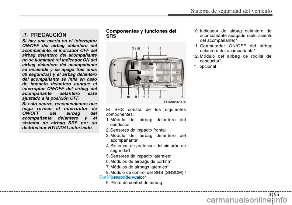 Hyundai Santa Fe 2016 Manual del propietario (in Spanish) 355
Sistema de seguridad del vehículo
Componentes y funciones del
SRS
El SRS consta de los siguientes
componentes:
1. Módulo del airbag delantero del
conductor
2. Sensores de impacto frontal
3. Mód Hyundai Santa Fe 2016 Manual del propietario (in Spanish) 355
Sistema de seguridad del vehículo
Componentes y funciones del
SRS
El SRS consta de los siguientes
componentes:
1. Módulo del airbag delantero del
conductor
2. Sensores de impacto frontal
3. Mód