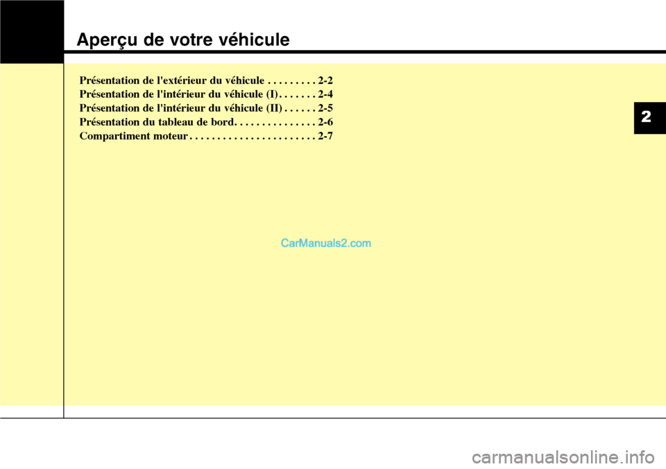 Hyundai Santa Fe 2016  Manuel du propriétaire (in French) Aperçu de votre véhicule
Présentation de lextérieur du véhicule . . . . . . . . . 2-2
Présentation de lintérieur du véhicule (I) . . . . . . . 2-4
Présentation de lintérieur du véhicule 