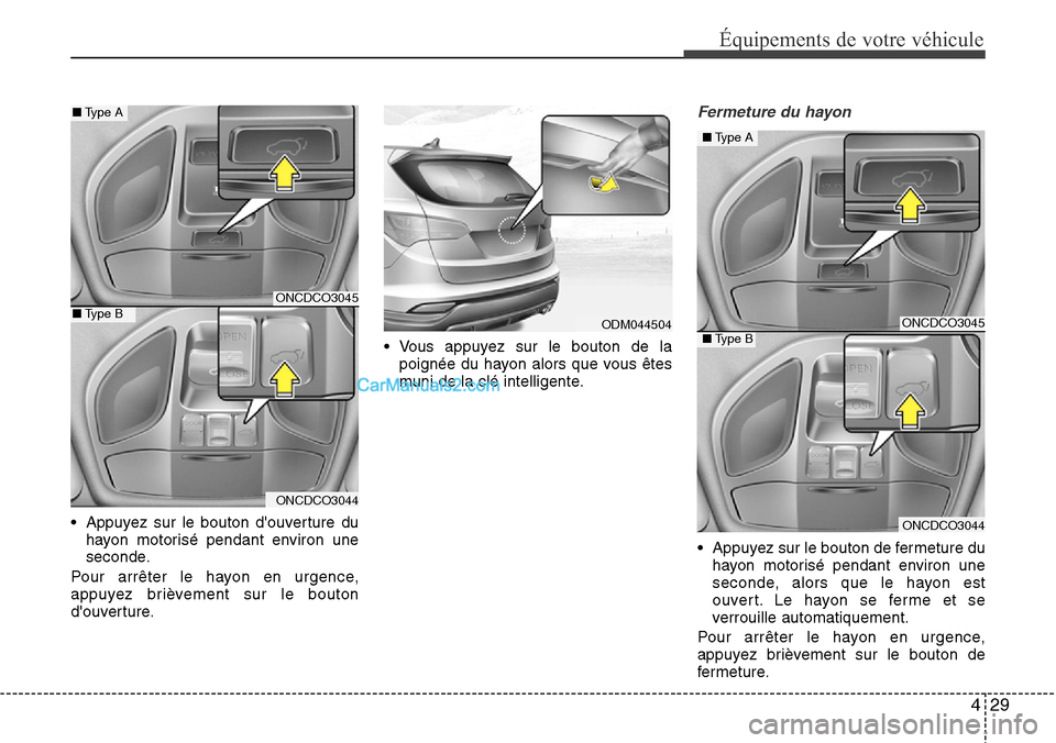 Hyundai Santa Fe 2016 Manuel du propriétaire (in French) 429
Équipements de votre véhicule
• Appuyez sur le bouton douverture du
hayon motorisé pendant environ une
seconde.
Pour arrêter le hayon en urgence,
appuyez brièvement sur le bouton
douvertu Hyundai Santa Fe 2016 Manuel du propriétaire (in French) 429
Équipements de votre véhicule
• Appuyez sur le bouton douverture du
hayon motorisé pendant environ une
seconde.
Pour arrêter le hayon en urgence,
appuyez brièvement sur le bouton
douvertu