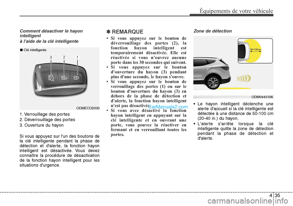 Hyundai Santa Fe 2016 Manuel du propriétaire (in French) 435
Équipements de votre véhicule
Comment désactiver le hayon
intelligent
à laide de la clé intelligente
1. Verrouillage des portes
2. Déverrouillage des portes
3. Ouverture du hayon
Si vous ap Hyundai Santa Fe 2016 Manuel du propriétaire (in French) 435
Équipements de votre véhicule
Comment désactiver le hayon
intelligent
à laide de la clé intelligente
1. Verrouillage des portes
2. Déverrouillage des portes
3. Ouverture du hayon
Si vous ap