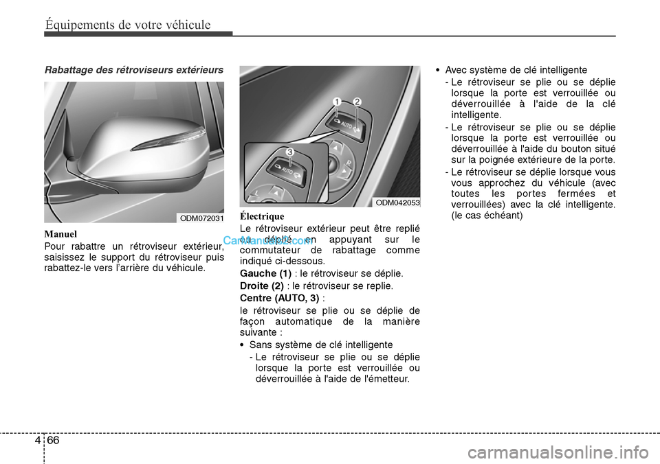 Hyundai Santa Fe 2016 Manuel du propriétaire (in French) Équipements de votre véhicule
66 4
Rabattage des rétroviseurs extérieurs
Manuel
Pour rabattre un rétroviseur extérieur,
saisissez le support du rétroviseur puis
rabattez-le vers l’arrière du Hyundai Santa Fe 2016 Manuel du propriétaire (in French) Équipements de votre véhicule
66 4
Rabattage des rétroviseurs extérieurs
Manuel
Pour rabattre un rétroviseur extérieur,
saisissez le support du rétroviseur puis
rabattez-le vers l’arrière du