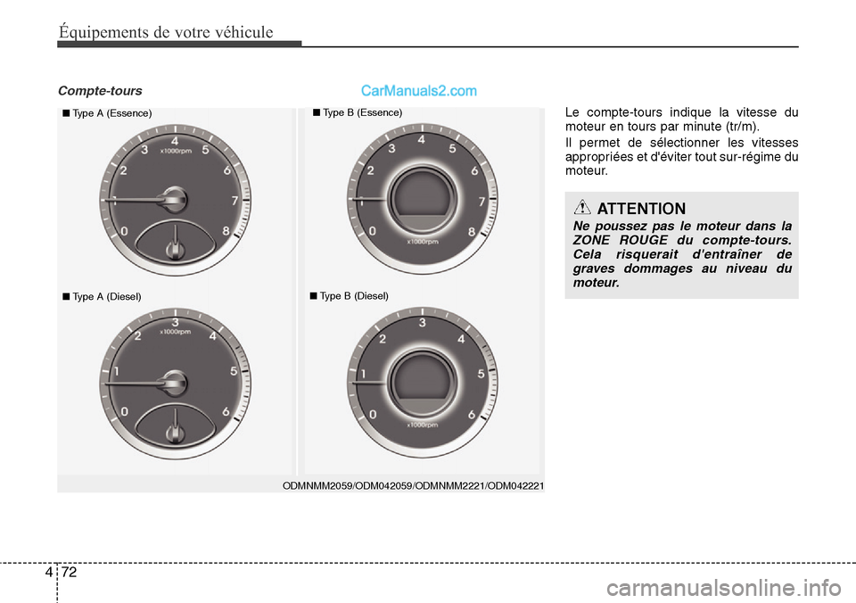 Hyundai Santa Fe 2016 Manuel du propriétaire (in French) 72 4
Équipements de votre véhicule
Compte-tours
ODMNMM2059/ODM042059/ODMNMM2221/ODM042221
■Type A (Essence)■Type B (Essence)
■Type A (Diesel)■Type B (Diesel)
ATTENTION
Ne poussez pas le mote Hyundai Santa Fe 2016 Manuel du propriétaire (in French) 72 4
Équipements de votre véhicule
Compte-tours
ODMNMM2059/ODM042059/ODMNMM2221/ODM042221
■Type A (Essence)■Type B (Essence)
■Type A (Diesel)■Type B (Diesel)
ATTENTION
Ne poussez pas le mote