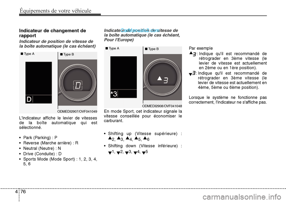 Hyundai Santa Fe 2016 Manuel du propriétaire (in French) 76 4
Équipements de votre véhicule
Indicateur de changement de
rapport
Indicateur de position de vitesse de
la boîte automatique (le cas échéant)
Lindicateur affiche le levier de vitesses
de la Hyundai Santa Fe 2016 Manuel du propriétaire (in French) 76 4
Équipements de votre véhicule
Indicateur de changement de
rapport
Indicateur de position de vitesse de
la boîte automatique (le cas échéant)
Lindicateur affiche le levier de vitesses
de la