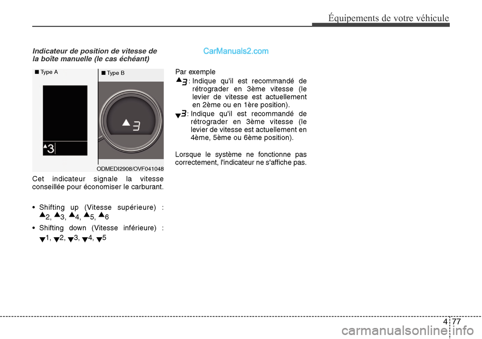 Hyundai Santa Fe 2016 Manuel du propriétaire (in French) 477
Équipements de votre véhicule
Indicateur de position de vitesse de
la boîte manuelle (le cas échéant)
Cet indicateur signale la vitesse
conseillée pour économiser le carburant.
• Shifting Hyundai Santa Fe 2016 Manuel du propriétaire (in French) 477
Équipements de votre véhicule
Indicateur de position de vitesse de
la boîte manuelle (le cas échéant)
Cet indicateur signale la vitesse
conseillée pour économiser le carburant.
• Shifting