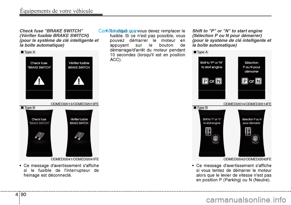 Hyundai Santa Fe 2016  Manuel du propriétaire (in French) 90 4
Équipements de votre véhicule
Check fuse "BRAKE SWITCH"
(Vérifier fusible BRAKE SWITCH)
(pour le système de clé intelligente et
la boîte automatique)
• Ce message davertissement saffich