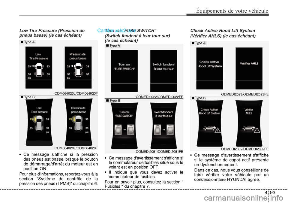 Hyundai Santa Fe 2016  Manuel du propriétaire (in French) 493
Équipements de votre véhicule
Low Tire Pressure (Pression de
pneus basse) (le cas échéant)
• Ce message saffiche si la pression
des pneus est basse lorsque le bouton
de démarrage/darrêt 