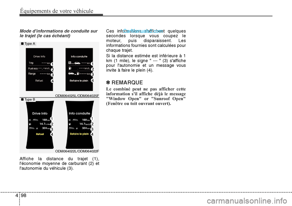 Hyundai Santa Fe 2016  Manuel du propriétaire (in French) Équipements de votre véhicule
98 4
Mode dinformations de conduite sur
le trajet (le cas échéant)
Affiche la distance du trajet (1),
léconomie moyenne de carburant (2) et
lautonomie du véhicul