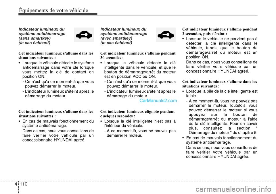 Hyundai Santa Fe 2016 Manuel du propriétaire (in French) 110 4
Équipements de votre véhicule
Indicateur lumineux du
système antidémarrage
(sans smartkey)
(le cas échéant)
Cet indicateur lumineux sallume dans les
situations suivantes :
• Lorsque le Hyundai Santa Fe 2016 Manuel du propriétaire (in French) 110 4
Équipements de votre véhicule
Indicateur lumineux du
système antidémarrage
(sans smartkey)
(le cas échéant)
Cet indicateur lumineux sallume dans les
situations suivantes :
• Lorsque le