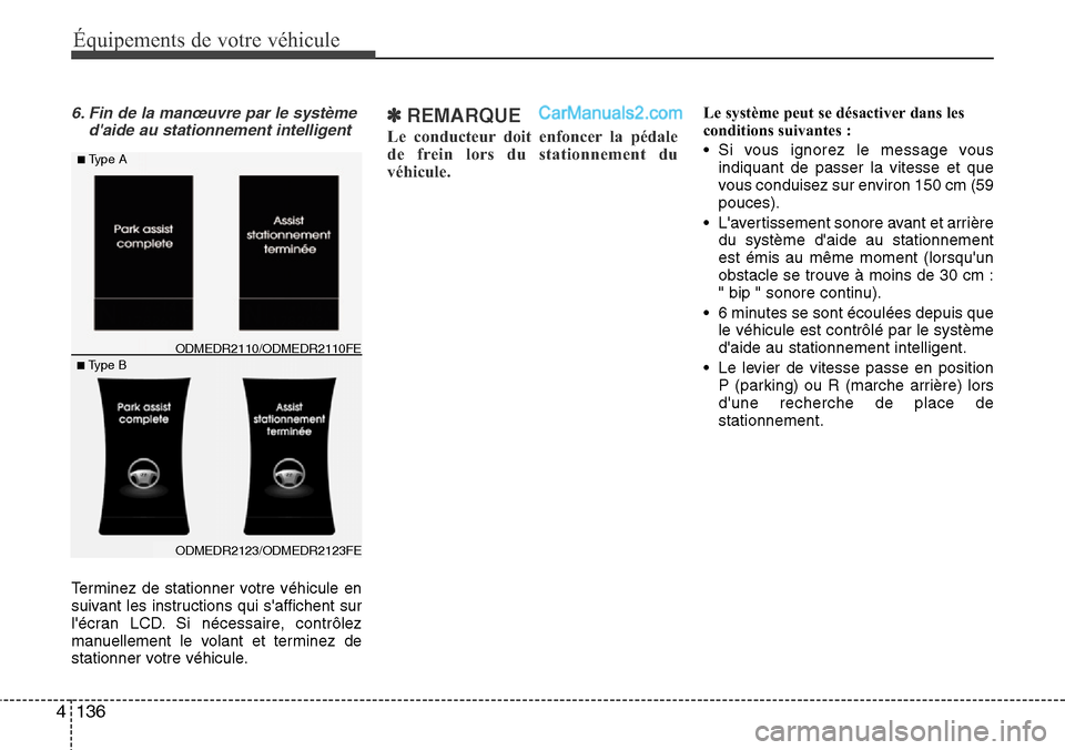 Hyundai Santa Fe 2016  Manuel du propriétaire (in French) Équipements de votre véhicule
136 4
6. Fin de la manœuvre par le système
daide au stationnement intelligent
Terminez de stationner votre véhicule en
suivant les instructions qui saffichent sur
