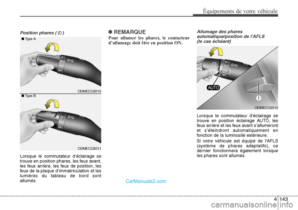 Hyundai Santa Fe 2016  Manuel du propriétaire (in French) 4143
Équipements de votre véhicule
Position phares ( )
Lorsque le commutateur d’éclairage se
trouve en position phares, les feux avant,
les feux arrière, les feux de position, les
feux de la pla