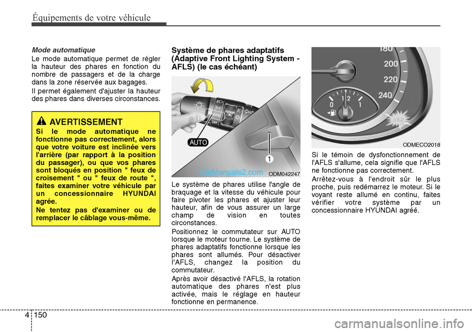 Hyundai Santa Fe 2016 Manuel du propriétaire (in French) Équipements de votre véhicule
150 4
Mode automatique
Le mode automatique permet de régler
la hauteur des phares en fonction du
nombre de passagers et de la charge
dans la zone réservée aux bagage Hyundai Santa Fe 2016 Manuel du propriétaire (in French) Équipements de votre véhicule
150 4
Mode automatique
Le mode automatique permet de régler
la hauteur des phares en fonction du
nombre de passagers et de la charge
dans la zone réservée aux bagage