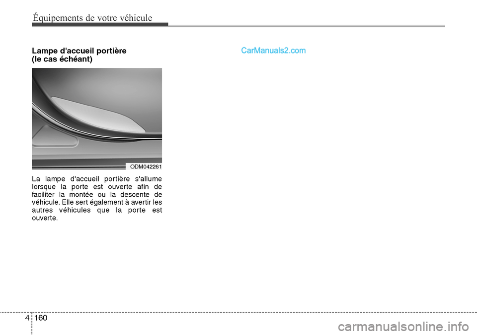 Hyundai Santa Fe 2016  Manuel du propriétaire (in French) Équipements de votre véhicule
160 4
Lampe daccueil portière
(le cas échéant)
La lampe daccueil portière sallume
lorsque la porte est ouverte afin de
faciliter la montée ou la descente de
vé